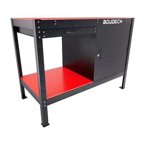 Boudech Manny – Banco de trabajo de 120 x 60 cm con cajón para herramientas, 1 puerta y 1 estante abierto de metal negro
