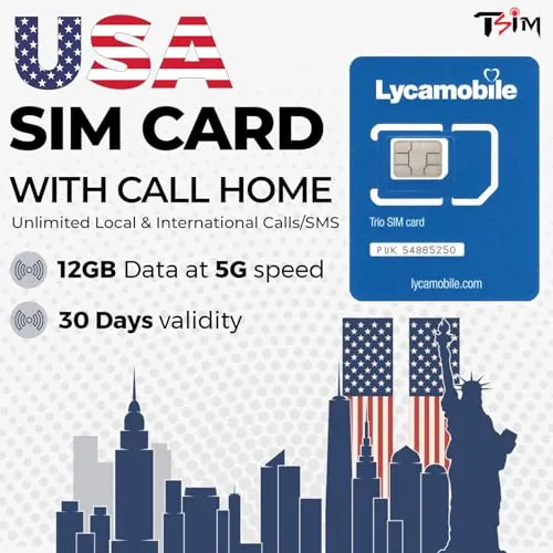 Tarjeta SIM de Estados Unidos para viajar a los Estados Unidos.Llamadas/mensajes de texto locales e internacionales ilimitados.Llama a casa gratis!Plan 5G actualizado con hotspot/tethering.(12GBx1mes)
