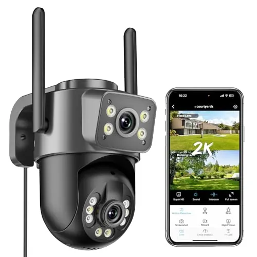 Reobiux 2K Camara Vigilancia WiFi Exterior, Cámara IP Vigilancia Domicilio con Doble Lente, Visión Nocturna Color, Seguimiento Automático, Audio Bidireccional, Grabación Continua 24/7, IP66