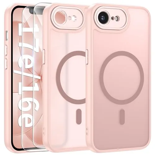 FLLAO Funda para iPhone 16e / 17e, Compatible MagSafe, con 2 Piezas Protector de Pantalla Cristal Templado, [Protección de Cámara] Magnética Carcasa Translúcida Mate Trasera Antigolpe, Rosa