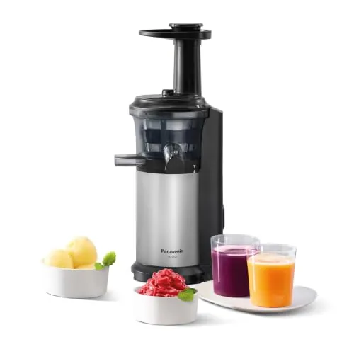 Panasonic Slow Juicer MJ-L500SXE, Exprimidora Eléctrico de Frutas y Verduras, 150 W, Acero Inoxidable y Plástico, Diseño Elegante y Delgado, Accesorio Para Ingredientes Congelados, Gris