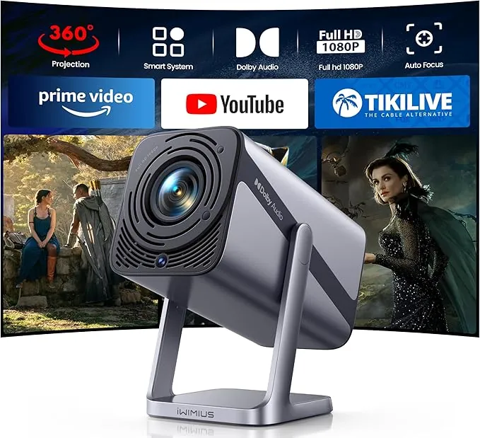 Smart Proyector Portátil 4K con APP/Dolby/Auto Focus&Keystone, Proyector WiFi Bluetooth 1080P Nativo Full HD, Proyectores Compatible con Netflix, Zoom al 50%, Giratorio 360° para Móvil/PC/Cine en Casa