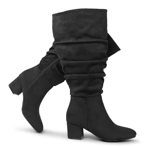 Chicblooms Botas de vestir pantorrilla extra ancha para mujer, botas holgadas de ante con tacón de bloque,Gamuza negra, EU 39