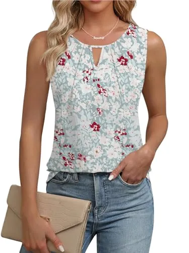 Cuptacc Camisa Mujer sin Mangas Cuello Redondo Blusa Mujer Verano Casual Color Sólido Básicas Tirantes Túnica Gris Rosa Floral, X-Large XL 46-48