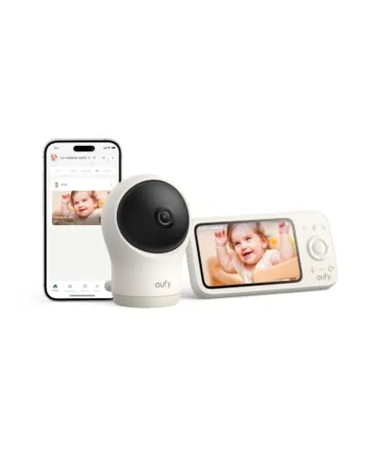 eufy C10 Camara vigilancia Bebe, HD 2K, Pantalla de 4,5 Pulgadas, función de Giro, 4 Zoom, visión Nocturna, WiFi híbrido/Offline, batería de 12 Horas, Alarma de Movimiento, Ruido y Temperatura