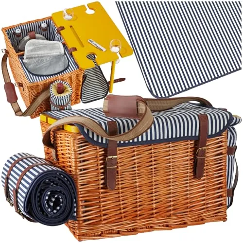 tectake® Cesta Picnic de Mimbre 4 Personas, con Manta Impermeable, Nevera Portatil, Mesa, Nevera Playa, Cesta Mimbre Vajilla de 20 Piezas, sacacorchos, salero y Enfriador de Vino - Modelo Rügen