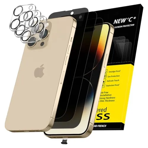 NEW'C Protector Pantalla Privacidad para iPhone 14 Pro Max + Camara | Paquete de 6, 3 protectores de pantalla + 3 protectores de lente de cámara, color negro, resistente a los arañazos