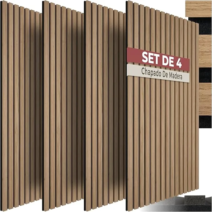 tectake® Paneles Acusticos Decorativos MDF, Chapa de Madera Real, Excelente Acústica, Tejido de Fieltro y Madera, Insonorización Acústica Pared - 4 Paneles Roble