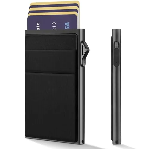 YESIIW Tarjetero Hombre con Protección RFID - Cartera Tarjetero con Pop Up y Caja de Regalo - Billetera Porta Tarjetas de Crédito de Metal Delgado y Ligero (Aluminio Negro)