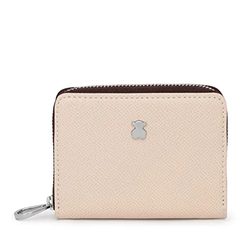 TOUS Monedero Mediano de Poliuretano con Efecto Saffiano en Beige y Marrón, Cierre Presión y Cremallera, Medidas 11 x 8 x 3 cm, Bonito y Chic, Colección Dubai