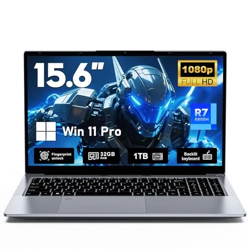 FUNYET Ordenador Portátil,2026 Nuevo R7-6800H PC portátil de 15,6 Pulgadas,32GB RAM+1TB SSD Laptop,FHD 1920 * 1080,5000 mAh, Teclado retroiluminado,Lector de Huellas Dactilares