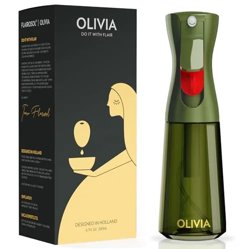 FLAIROSOL OLIVIA Pulverizador de Aceite para Cocinar, Pulverizador de Aceite de Oliva de Vidrio de 200 ml, Botella Pulverizadora de Aceite Continua con Control de Porciones, Barbacoa (Botella Verde)