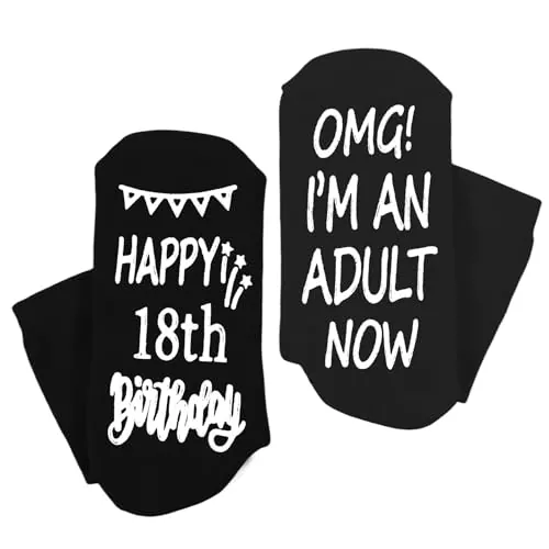 Prasacco Calcetines de regalo para el 18 cumpleaños, divertidas medias de algodón antideslizantes con texto impreso, calcetines de cumpleaños para chicos y chicas de 18 años, Negro , Talla única