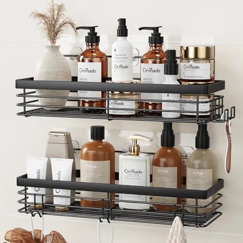 Orimade Adhesivo Estantes Cesta para Ducha con 5 Ganchos para Colgar Esponjas y Cuchillas Estanteria Organizador Baño SUS304 Acero Inoxidable Sin Taladro - 2 Piezas (Negro)