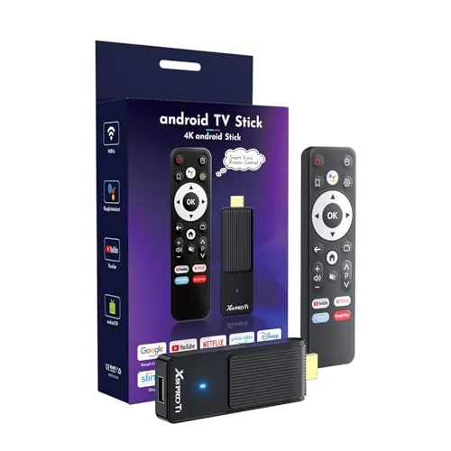 GREVA Android TV Stick 4K Ultra HD, TV Stick Box Android 14.0 (2025), 2 GB 16 GB, HDR/AV1/2.4G/5G WiFi/BT 5.0, Reproductor Multimedia Inteligente con GG Asistente de Voz, Smart Streaming Dispositivo