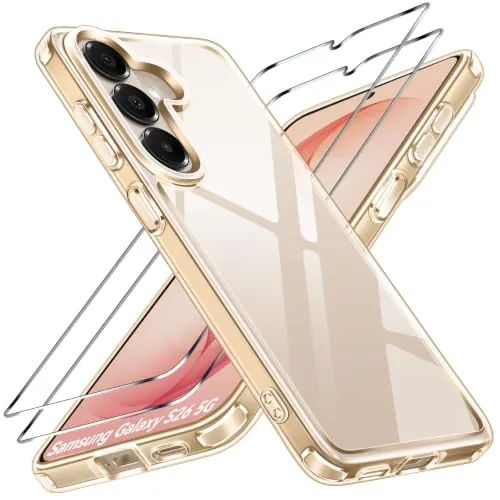 ivoler Clara Funda para Samsung Galaxy S26 5G con 2 Piezas Cristal Templado, [Protección Militar] Carcasa Protectora Transparente Anti-Choques Bumper Case, Oro