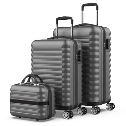 NUMADA-Juego de Maletas de Viaje Rígidas 3pzs. Mod Maleta Cabina 53cm, Maleta Mediana 63cm y Neceser, ABS Eco Friendly, 4 Ruedas Dobles, Resistentes, Ligeras y Seguras (Gris)