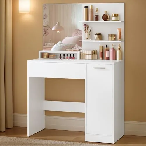 VASAGLE Kailyn Colección - Tocador, Mesa de Maquillaje, Gabinete con 2 Estantes Ajustables, 1 Cajón, 2 Estantes Abiertos, Estilo Moderno, Blanco RDT119W01