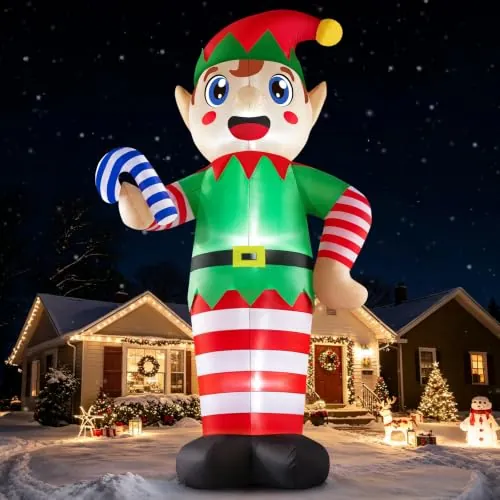 3,6M Elfo Inflable Gigante para Decoracion Navidad con Bastón de Caramelo | Duendes Hnchables Navideños Impermeables para Exteriores con Luces LED para Fiestas en el Jardín, el Patio y en Interiores