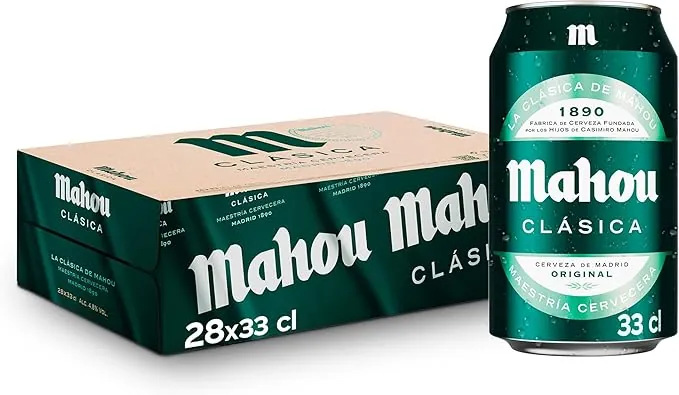 Mahou Clásica, Pack 28 Latas x 33cl, Cerveza Dorada Lager, Auténtica Cerveza Mahou Con Sabor Suave, Refrescante y Con Espuma Consistente, 4.8% Vol. Alcohol