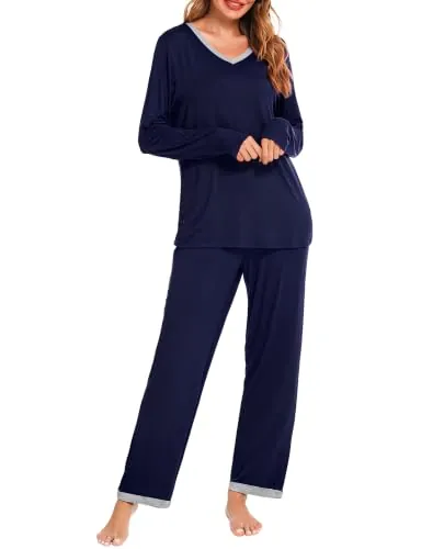 Lovasy Pijama Mujer Invierno Manga Larga Cuello en V Conjunto de Pijama para Mujer Largo con Bolsillos,Azul Marino,S