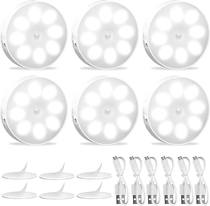 KEWUZY 6-pack Luz Nocturna Sensor Movimiento Recargable por USB, de Armario, 8 LED, 3 Modos (Auto/On/Off) para Armarios, Pasillo, Escalera, Sótano, Garaje(Blanco Frío)