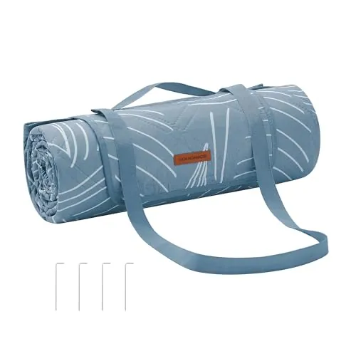 SONGMICS Manta de Picnic, 300 x 200 cm, con 4 Estacas de Suelo, Manta Grande, para Camping, Parque, Jardín, Playa, Impermeable, Lavable a Máquina, Plegable, Motivo de Hojas y Azul Claro GCM310Q03