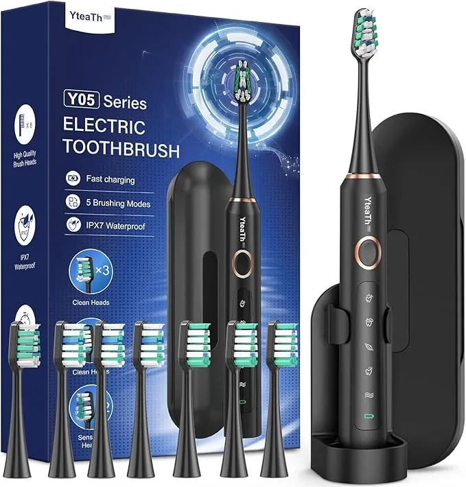 Cepillo de Dientes Eléctrico Sónico para Adultos - Cepillo Electrico Sónico con 8 Cabezales y Estuche de Viaje, 5 Modos, IPX7 Impermeable, Cepillo Dientes Electrico de Recargable, Negro Mate