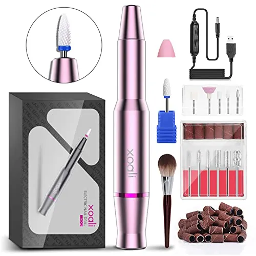 Xoali Torno para Uñas 25000RPM, 12 en 1 Lima Eléctricas Uñas USB con Brocas de Cerámica, Pulidoras de uñas Portatil Velocidad Ajustable, Manicura y Pedicura Eléctrico Profesional para Salón DIY (Rosa)