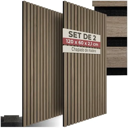 tectake® Paneles de Pared Decorativos MDF, Chapa de Madera Real, Excelente Acústica, Tejido de Fieltro y Madera, Insonorización Acústica Pared - 60 x 120 x 2,1 cm 2 Paneles Roble Oscuro
