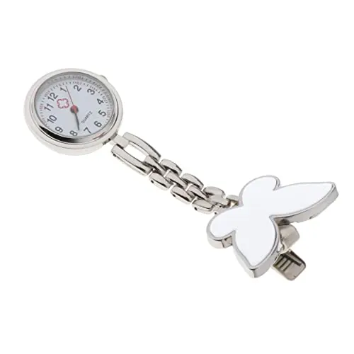 zalati Reloj de enfermera con clip para reloj de cuarzo, diseño de mariposa, para mujer, color blanco, Moderno