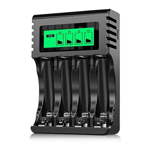 POWEROWL Cargador Rápido de Pilas Recargables, LCD Cargador para Ni-MH Pilas Recargables AA/AAA, Ranura Independiente & USB Carga Rápida
