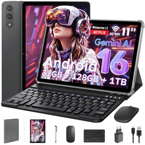 Tableta de 11 pulgadas con teclado｜Android 16 con Gemini AI｜32GB RAM + 128GB ROM (1TB TF) | 1920×1200 90 Hz | Unisoc T7250 | GPS | Widevine L1 | 8000 mAh | 8 MP + 16 MP | Wi-Fi 5.8G + 2.4G (Gris)
