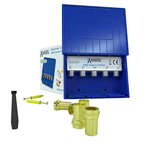 Anadol DiseqC 4/1 Interruptor 2.0 para antena parabólica, para recepción de 4 satélites para 1 participante, carcasa de protección contra la intemperie, HDTV, conmutador LNB + 5 conectores F + bridas