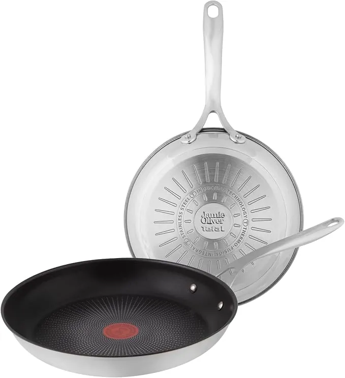 Tefal Jamie Oliver - Juego de 2 Sartenes 24/28 cm, Apto inducción, antiadherente, revestimiento titanio, Thermo-signal, apto lavavajillas y horno, acero inoxidable