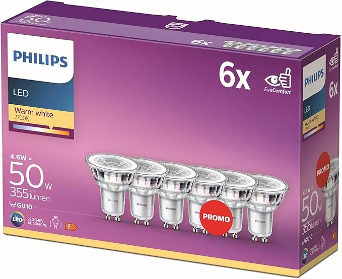 Philips - Bombilla LED cristal 50W, GU10, luz blanca cálida, transparente, no regulable, pack 6 [Clase de eficiencia energética F]