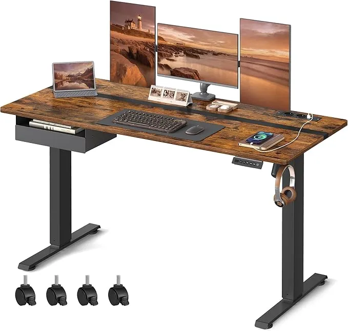 VASAGLE Escritorio Eléctrico Ajustable en Altura, Escriotrio de Pie, Enchufe y Cajón, 70 x 160 cm de Encimera, Ajuste Continuo, 4 Funciones de Memoria de Altura, Marrón Rústico y Negro Tinta LSD116X01
