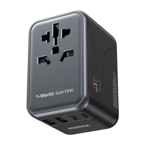 MOMAX 70W GAN Adaptador Enchufe Universal, Enchufe Universal con 2 USB A y 3 USB C, Adaptador Universal Enchufe Viaje, Adaptador de Viaje para Inglaterra, EE. UU., Japón, Tailandia y Australia