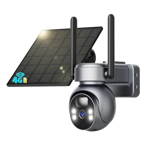 SEHMUA 4G LTE Celular Cámara Vigilancia Exterior con Panel Solar y Tarjeta SIM, 2K HD Cámara Visión 360° con Batería PTZ, Visión Nocturna Colorida y Detección PIR Humana, Impermeable IP66