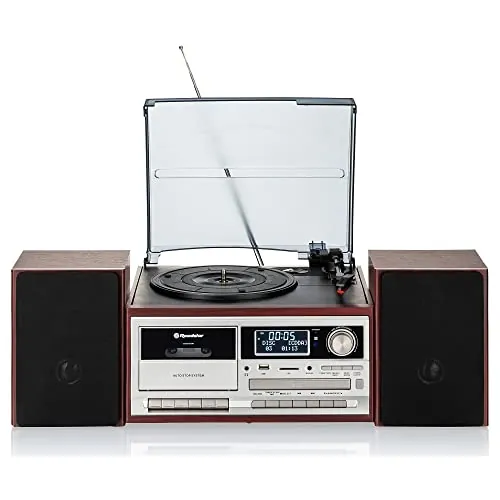 Roadstar HIF-8892DBT Equipo de Música Hi-Fi Vintage Tocadiscos 33/45/78 RPM, Radio Dab/Dab+/FM, Reproductor CD-MP3, Cassette, Bluetooth, Puerto USB y Tarjeta SD, Mando a Distancia, Retro, Madera