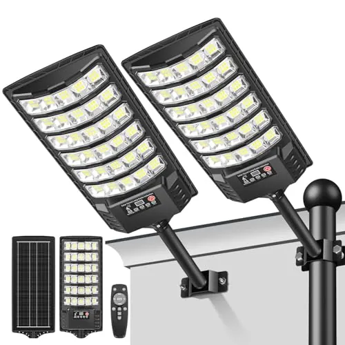LEKIA Farola Solares Exterior, Potente 1000W 7000K Luz Solar Exterior con Sensor Movimiento y Mando Distancia, Focos LED Solar Impermeable Luces Solares para Jardín, Calle (2 Paquetes)