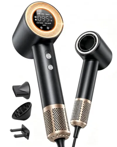 Secador Pelo Profesional con Difusor y Boquillas, 59 dB de Ruido Bajo Secador Pelo Ionico, Motor Sin Escobillas de 160.000 RPM, Hair Dryer con 4 Temperaturas y 2 Velocidades, Negro