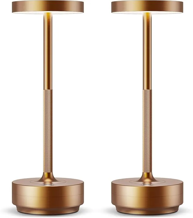 Lámpara de Mesa LED Recargable, 3 Colores de Luz con Regulación Continua, IP54 Impermeable, Batería 5000mAh, Diseño Metálico Moderno, con Función de Memoria para Interior y Exterior (2x Bronce)