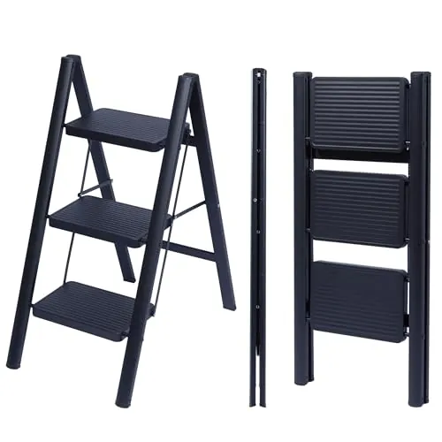 UZIRO Escalera Plegable 3 Peldaños, Escaleras Decorativa, Peldaños Anchos Antideslizantes, Ideal para Uso en Hogar, Cocina y Oficina, Fácil de Guardar y Transportar, Resistente (Negro, 3 Peldaños)