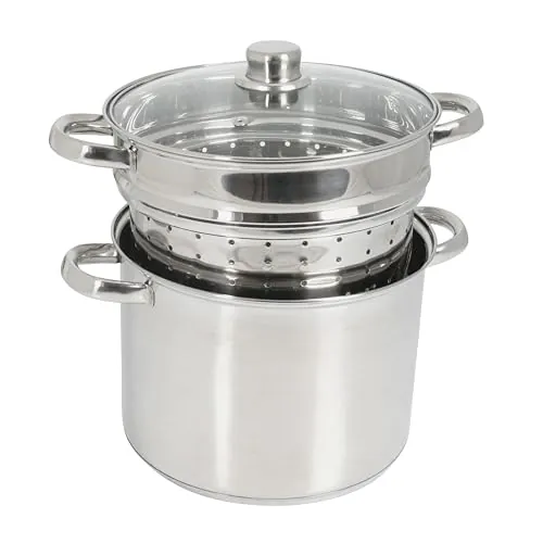 Crealys 504626, Cocedor de Pasta Olympe 8 litros Acero Inoxidable, diam. 24 cm - Tapa de Cristal y Cesta para Pasta/Verduras - Todas Las Fuentes de Calor, incluida la inducción