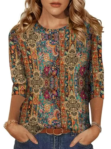 Zeagoo Camiseta para Mujer Ligera Manga 3/4 Top Elegante Cuello Redondo T Shirt Verano Básico Blusa Retro Floral M