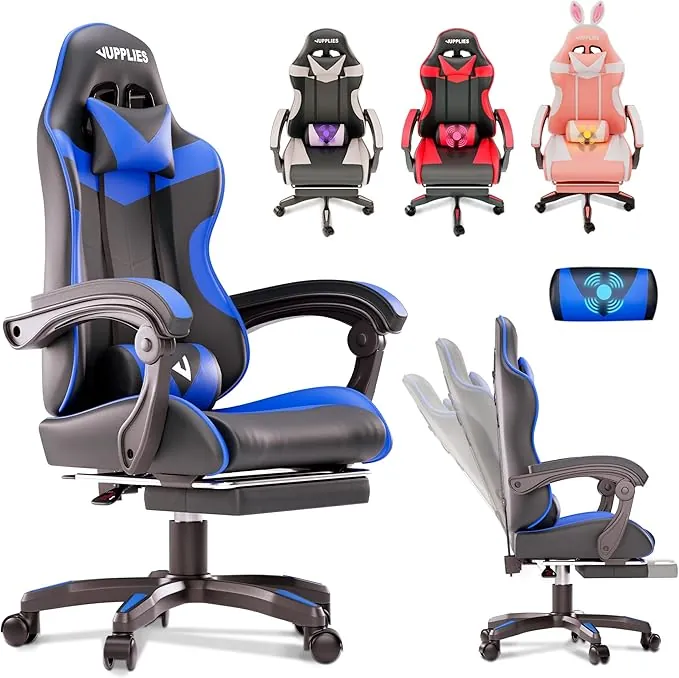 JUPPLIES Silla Gaming Profesional con Masajeador - Silla de Oficina Ergonómica con Reposapiés, Altura Regulable y Respaldo Abatible - Silla Gamer para Juegos