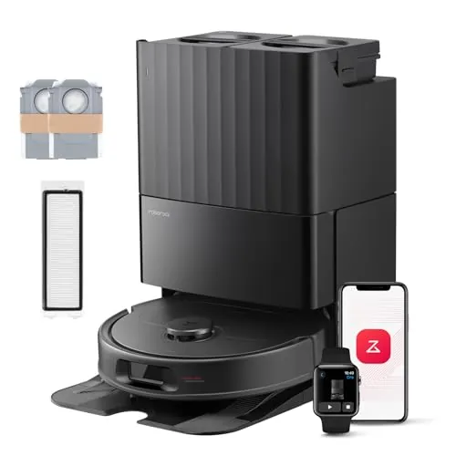 roborock QV 35S Set Robot Aspirador, Succión HyperForce de 10000 Pa con Base Multifuncional, Cepillos Dobles Antienredos, 2 Mopas Giratorias Elevación Automática de 10 mm, Limpiar y secar Auto, Negro