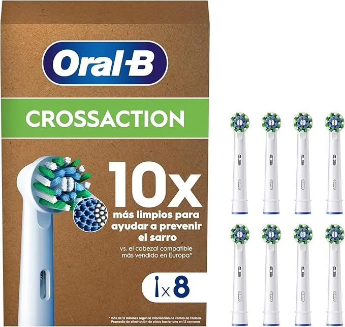 Oral-B Pro CrossAction Cabezales De Recambio ORIGINALES para Cepillo de Dientes Eléctrico Oral-B Pro, Pack de 8 Recambios Con Indicador De Uso, Blanco (Tamaño Buzón)