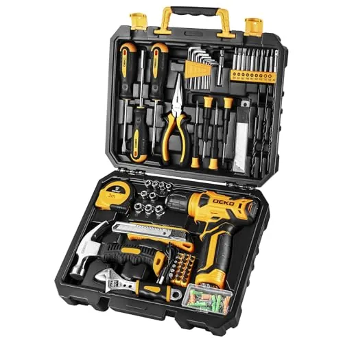 DEKO Caja Herramientas Taladro 8V, 126 Piezas Bricolaje Hogar Amarillo
